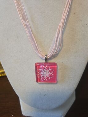 Pink Glass Snowflake Pendant Necklace with Multi-Strand Organza Cord